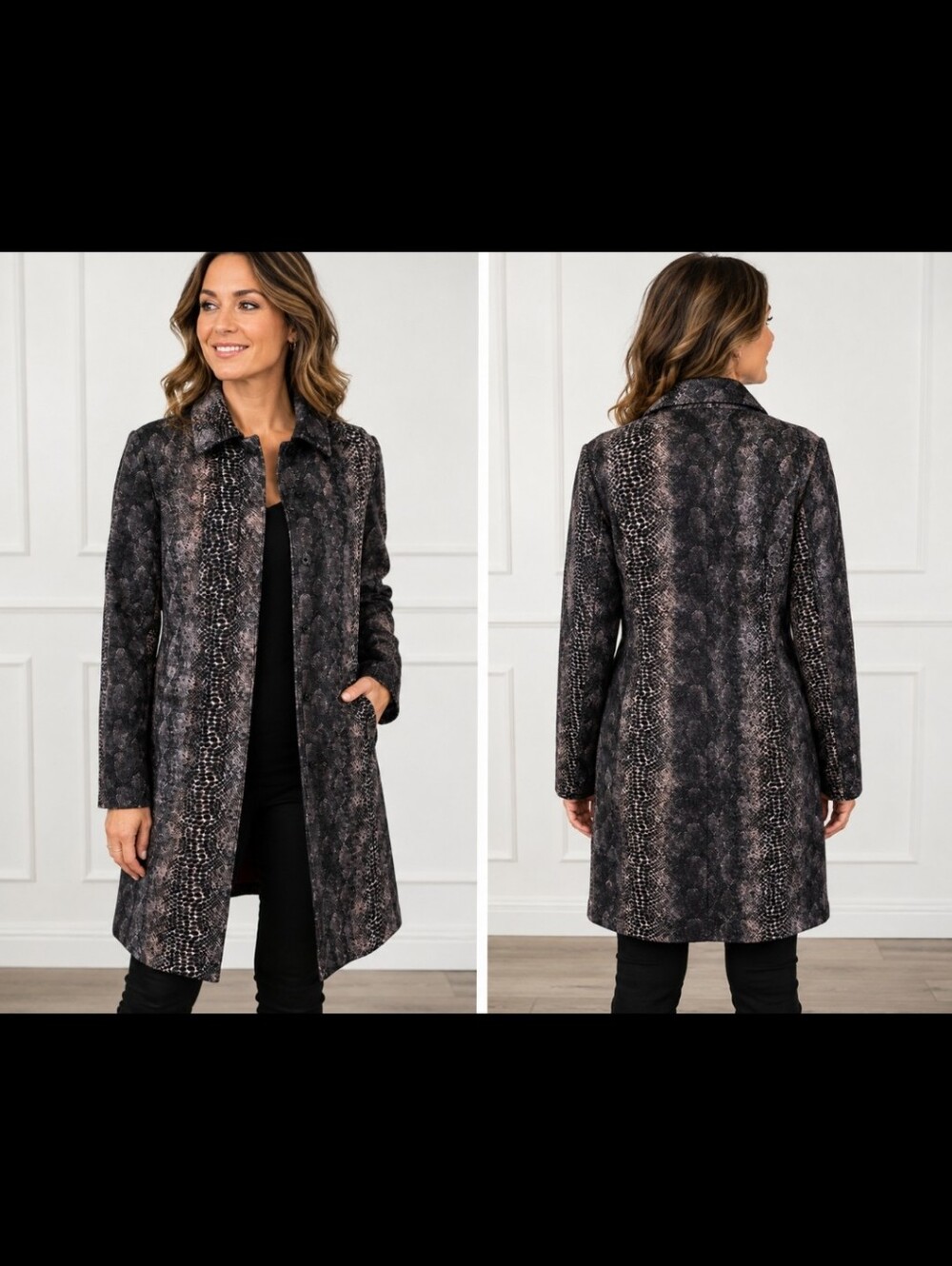Vintage Guess Black Gray Snakeskin Print Mid Length Coat Jacket Womens Medium - Picture 11 of 11